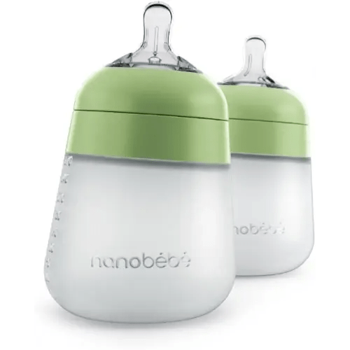 Nanobébé Flexy Silicone Baby Bottle, Anti-Colic, Natural Feel, Non-Collapsing Nipple, Non-Tip Stable Base, Easy to Clean 2-Pack, Sage, 9oz
