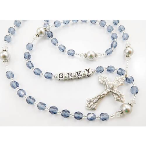 First Communion Rosary for a Boy, Personalized Rosary Beads for Baby Boy's Baptism, Confirmation Rosary for Young Man, Dark Blue and Gray