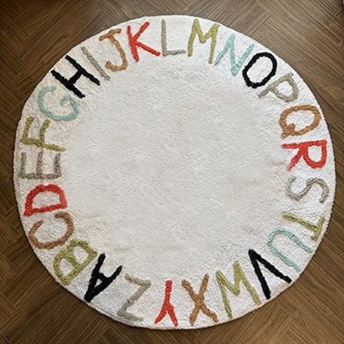 FRELISH DECOR Cotton Round Kids Play Mat - 4 Feet Dia | Machine Washable Non-Slip Tufted Alphabet Rug for Nursery, Playroom, Bathroom | 100% Pure Cotton, Soft & Absorbent Floor Mat (4' Round - White)