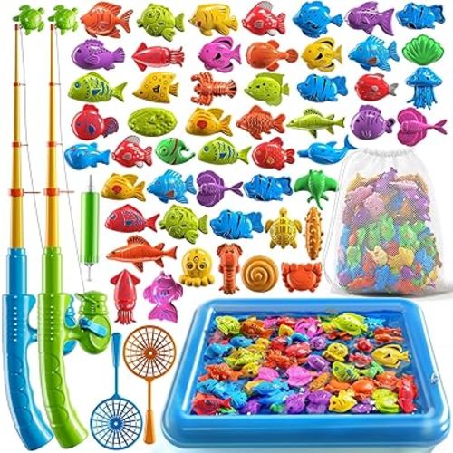 PEADUCK Magnetic Fishing Game Pool Toys Set for Kids 3-5, Water Table Bathtub Toys with Inflatable Pool Pole Rod Net Plastic Floating Fish, Outdoor Toys for Kids Boys Girls Age 3 4 5 6 7 8 Year Old
