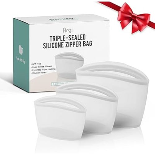 Reusable Silicone Food Storage Bags, 3-Pack Variety Set (2, 3.5, 6 Cups), Made in Korea BPA-Free Silicone, Triple-Airtight Freezer Bags, Microwave Safe, Sous Vide, Zip Lock Pouch, White