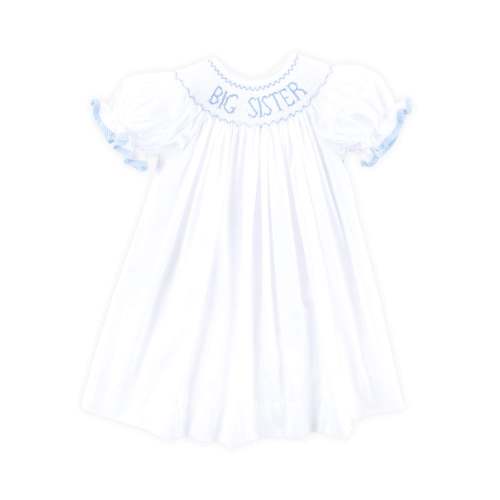 Big Sister Smocked Bishop Dress White with Blue
