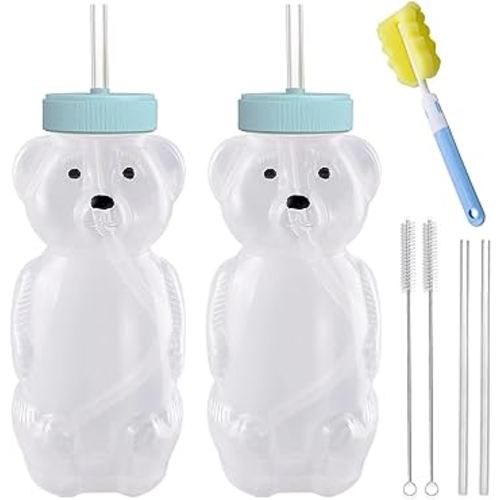 Honey Bear Straw Cups, Juice Bear Bottle Drinking Cup Long Straws with 4 Flexible Straws & Cleaning Tools, 8-Ounce Therapy Sippy Bottles for Speech and Feeding Training, Food-Grade & BPA Free 2 Pack