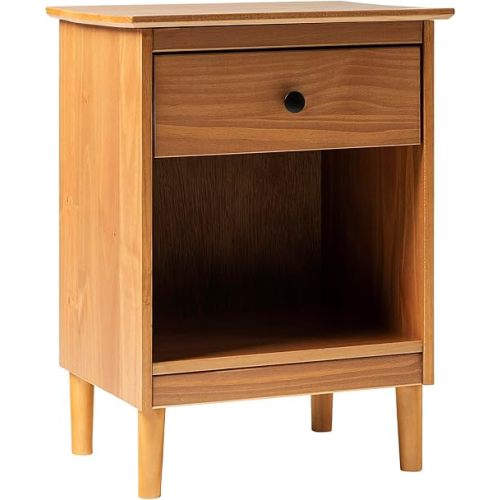 Walker Edison Traditional Wood 1 Drawer Nightstand Side Table Bedroom Storage Drawer and Shelf Bedside End Table, 18 Inch, Caramel