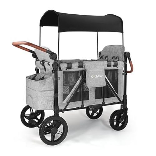 Premium 4-Seater Wagon Stroller for Kids, All-Terrain Heavy Duty Stroller Wagon with 300lb Capacity, 1-Hand Fold, High Seats with 5-Point Harness, Adjustable Canopy & Handlebars, Light Gray