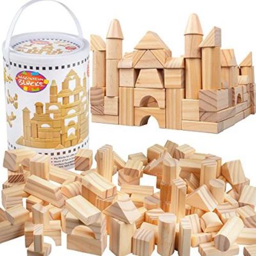 Wooden Blocks - 100 Pc Wood Building Block Set with Carrying Bag and Container (Natural Colored) - 100% Real Wood