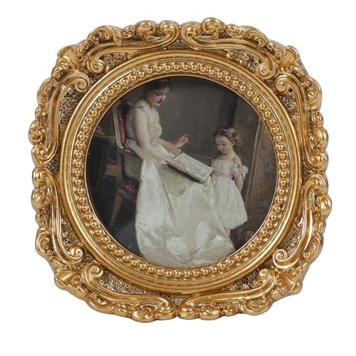 VINLIFE Vintage Picture Frames 3x3 Round Gold - Antique Ornate Small Picture Frames with Hooks and Easel Stand Wallet Size Victorian Decor for Gallery Wall and Tabletop