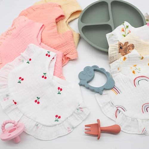 Muslin Baby Bibs for Baby Girls, Muslin Bibs Drool Bandana Bibs - Print White