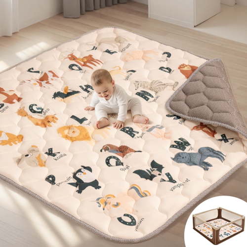 Baby Play Mat, Caveen Thicken Soft Cotton Baby Playmats, Foldable Anti-Slip Floor Crawling Playmat Playpen Mat for Infants and Toddlers, 50"x50", Beige