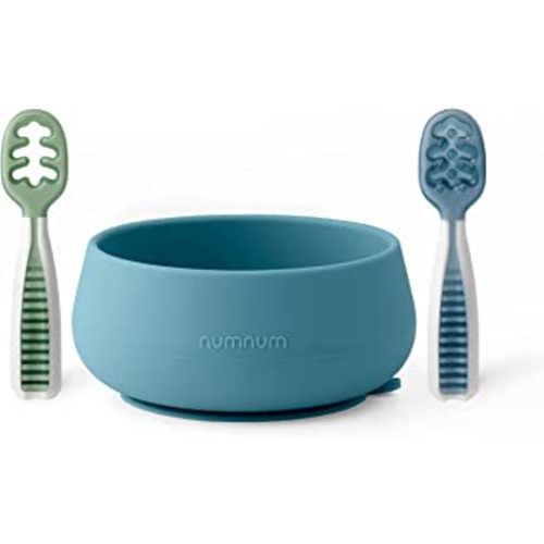 NumNum Suction Bowl + Pre-Spoon GOOtensils Self Feeding Set for Babies & Toddlers | Baby Spoon Set (Stage 1+ 2) | 100% Food Grade Silicone BPA-Free | Strong Suction | 4 months+ (Blue/Glacier Green)