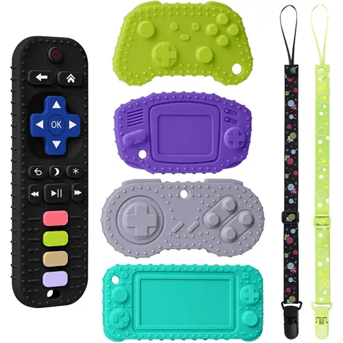 Aolso Silicone Baby Teething Toys, 5PCS Remote Control Shape and Game Control Teething Toys,Teething Toys with 2PCS Pacifier Clip,Babies Chew Toys for BPA Free,3 Months+ Baby Teethers Soothe Toys