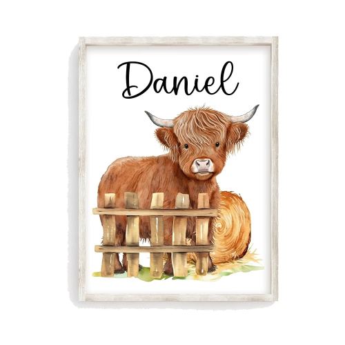 Personalized Watercolor Highland Cow Farmhouse Baby Boy Nursery Unframed Print