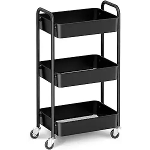 CAXXA 3-Tier Rolling Metal Storage Organizer - Mobile Utility Cart, Kitchen Cart with Caster Wheels (Black)