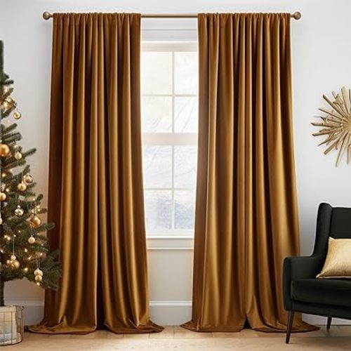 Lazzzy Velvet Blackout Curtains Brown Thermal Insulated Curtains Soundproof Noise Reducing Drapes for Bedroom Living Room Darkening Privacy Home Decor Rod Pocket 63 Inch Length 2 Panels Gold Brown
