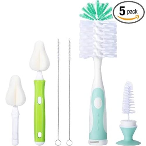 CAREBABYMORE Baby Bottle Brush with One Base Hidden Nylon Nipple Cleaner, 2 Pcs Sponge Nipple Brushes, 2 Pcs Straw Brushes, Bottle Brush with Nipple Cleaner and Suction Cup (Green)
