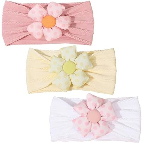 3 Pcs Baby Flower Headbands Baby Girls Nylon Headband Soft Hairbands Hair Accessories for Newborn Infant Toddler Kids (Yellow Pink White)