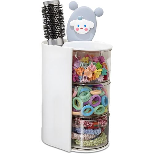 Hair Accessories Organizer with Hair Brush Holder, Rotatable Makeup Brush Holder for Necklaces, Earring, Bracelet, Ring, Makeup Brushes, Hair Clip and Hair Accessories (White, 3-Layer)