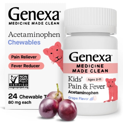 Genexa Kids’ Clean Pain & Fever Acetaminophen Chewables, Dye Free, Grape, 24 ct