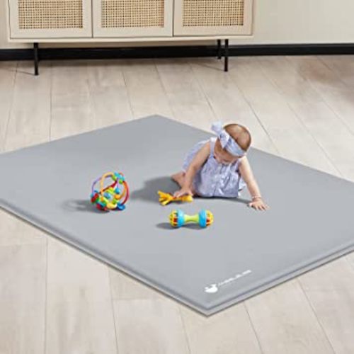 ANGELBLISS Baby Playpen Mat, 63"x 47"x 1.18" Self-Inflating Play Mat for Babies and Toddlers, Roll Up & Waterproof Foam Crawling Mat for Floor, Portable Playmat for Babies with Travel Bag Grey