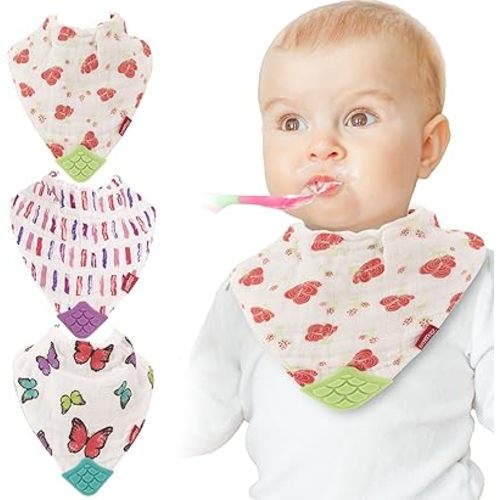 Nuby Reversible 100% Natural Cotton Muslin 3 Piece Teething Bib, Pink, Aqua, Purple, Flower, Butterfly, Stripes, Girl, 3 Count