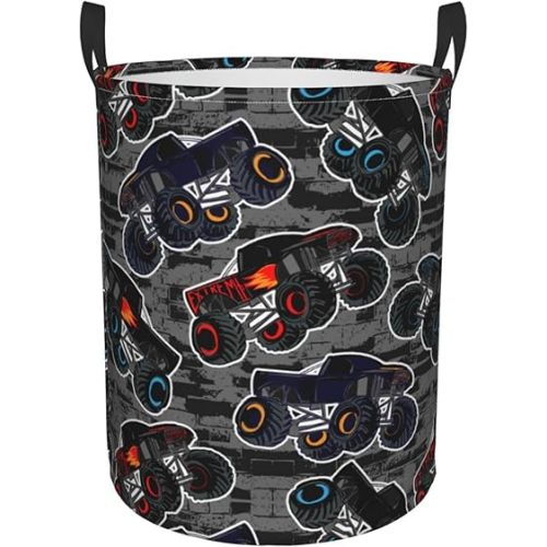 Monster Truck Boys Style Round Laundry Hamper Storage Basket Toys Clothes Organizer Bin For Home Bathroom Bedroom Dorm Nursery, 38l