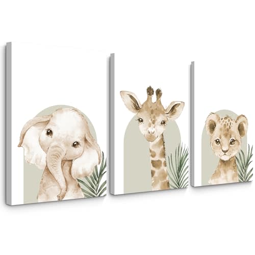 Animal Wall Art Pictures Baby Nursery Canvas Wall Art Decor Safari Animal Prints Jungle Kids Wall Art Woodland Nursery Wall Decor Giraffe Jungle Poster for Room 16x24 Inch Framed Set of 3