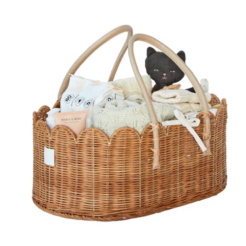 BEBE BASK Premium Baby Diaper Caddy Organizer - Handmade & Award-Winning Scalloped Rattan Basket - Luxury Diaper Caddy Basket - Elegant Scalloped Edge (Mocca)