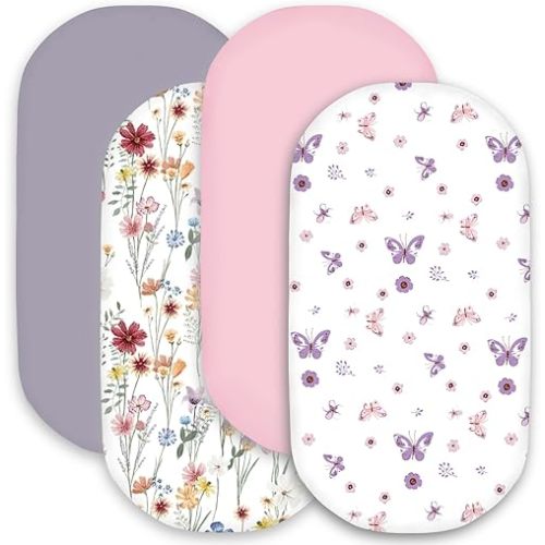 bimocosy Bassinet Sheet, 4 Pack Bassinet Sheets for Baby Girls Boys, Soft Baby Bassinet Fitted Sheets Neutral for Standard Bassinet Mattress, Size 32 x 16 x 4 Inches, Butterfly/Floral/Pink/Purple