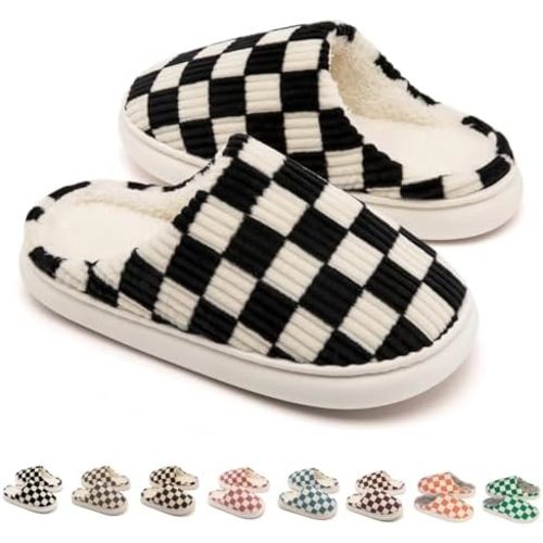 House Slippers for Woman Men, Womens Slippers on Fuzzy House Shoes Memory Foam Checkered Scuff Outdoor Indoor Warm Plush Bedroom Shoes with Faux Fur Lining Size