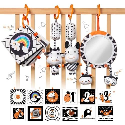 TUMAMA Black and White Baby Toys, High Contrast Tummy Time, Newborn Soft Books Mirror Rattles, Montessori Sensory 0-12 Months, Hanging Infant for Carseat Stroller Play Mat Crib