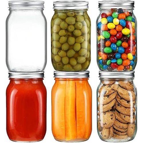 YEBODA 6 Pack Wide Mouth Mason Jars 32oz Glass Canning Jars with Airtight Lids and Bands for Preserving, Jam, Honey, Jelly, Wedding Favors, Sauces, Meal Prep, Overnight Oats, Salad, Yogurt