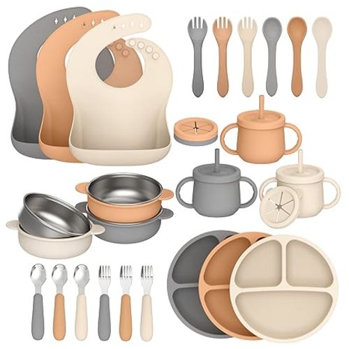 27 Pack Silicone Baby Feeding Set, Hepotk BPA-Free Food Grade Baby Feeding Essentials Utensils, Second Stage Baby Food Eating Utensils, Set of 3 babies((Brown, Beige, Grey)