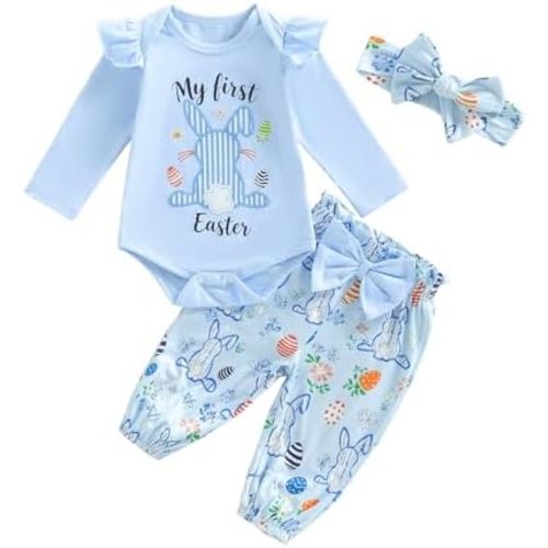 Honganda My First Easter Baby Girl Outfit Ruffle Sleeve Bunny Romper Onesie with Bow Pants Headband 3Pcs Easter Clothes Set