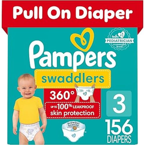 Pampers Swaddlers 360 Pull-On Diapers, Size 3, 156 Count, One Month Supply, for up to 100% Leakproof Skin Protection and Easy Changes