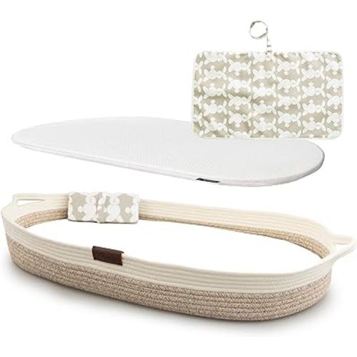 XL Reinforced Baby Changing Basket with Extra Travel Diaper pad, Foldable Baby Changing Pad with Water Repellent Cover, Cotton Rope Baby Basket, Changing Table Topper for Dresser (White Beige)