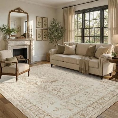 GarveeHome Vintage Beige Area Rug 5x7 Washable Cottage Core Retro Farmhouse Low-Pile Stain Resistant Non-Slip Rugs for Bedroom Living Room Nursery Kitchen Home Office TPE Backing Indoor Decor