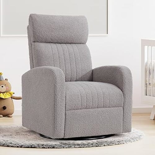 Swivel Glider Nursery Chair, Teddy Glider Rocking Chair for Mom Nursery with High Back, Upholstered Boucle Gliders Rocker Nursing Chairs for Living Room,Bedroom, Grey