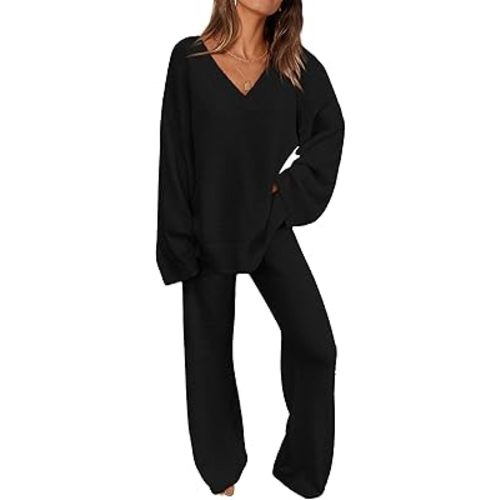 PRETTYGARDEN Women's 2 Piece Pullover Sweater Set Oversized V Neck Top Wide Leg Pants Fall Winter Fuzzy Lounge Outfit