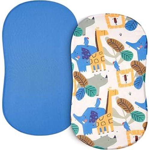TILLYOU Baby Bassinet Sheets for Girls Boys 2 Pack Baby Sheets for Square Rectangle Oval Bassinet Mattress 33X16 Inch, Animal Geometry & Blue