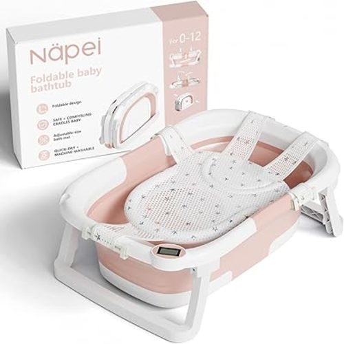 Collapsible Baby Bathtub,Baby Bath Tub with Soft Cushion & Thermometer,Baby Bathtub Newborn to Toddler 0-36 Months,Portable Travel Baby Tub