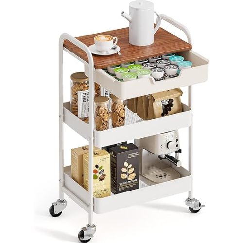 TOOLF 3-Tier Metal Utility Rolling Cart with Drawer & Wooden Table Top, Storage Cart White Trolley Kitchen Organizer Rolling Desk with Locking Wheels for Office, Classroom, Dorm, Bedroom