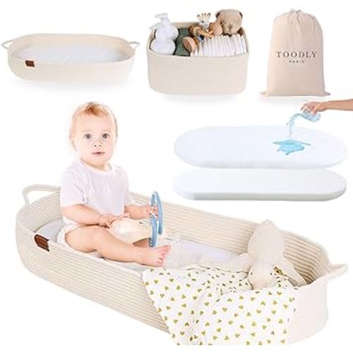 Baby Changing Basket with Diaper Caddy - Beige Moses Basket For Babies - Cotton Rope Diaper Changing Basket - Baby Diaper Changing Pad For Dresser - Changing Table Topper for Dresser - Toodly