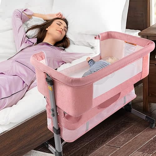 Ihoming Baby Bassinet Bedside Sleeper with Storage Basket, Adjustable Height Easy Fold Bedside Crib for Newborn Infant, Breathable Mesh Co Sleeper Portable Baby Bed, Deep Pink
