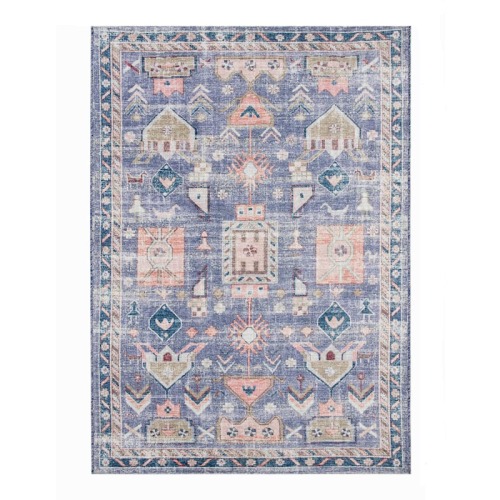 (B828) Blue Floral Medallion Washable Area Rug, 5x7