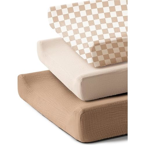 3 Pack Muslin Changing Pad Covers for Girl Boy, 100% Soft Cotton Changing Table Cover, Breathable Baby Nursery Diaper Chang Pad Sheets (Milky Coffee)