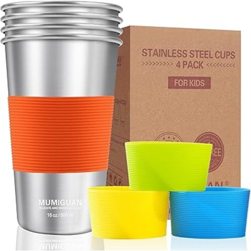 16 oz Stainless Steel Pint Cups with Silicone Sleeves 16oz/500ml (4 Pack), Water Tumbler, Camping Stainless Steel Pint Cups, Stackable Metal Drinking Glasses, BPA Free, Stackable, Durable.