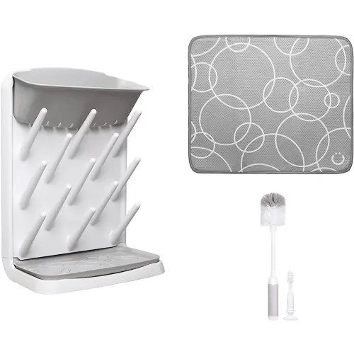 Ubbi Vertical Bottle Drying Rack, Bottle Brush & Microfiber Drying Mat Bundle, Newborn Baby Essentials, Baby Registry Must Haves, New Parent Gifts, Gray