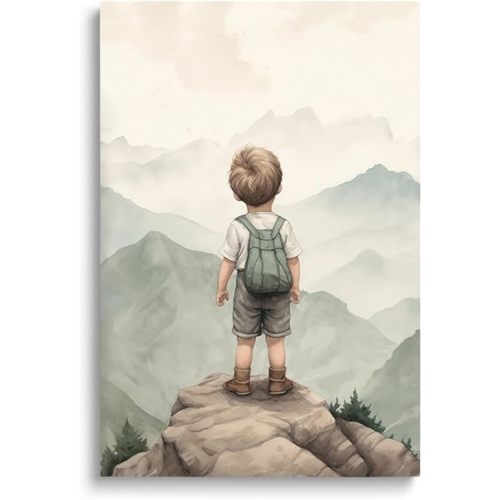 SKYSUKEY Baby Boy Adventure Wall Art, Toddler Room Decor, Watercolor Mountain Nature Woodland Decor