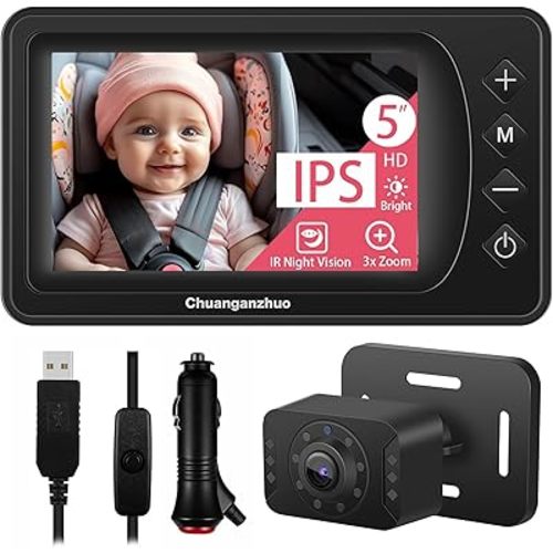 Car Baby Camera with Advanced Night Vision, 3X Zoom, USB Powered, 5'' HD 1080P IPS Crystal-Clear Car Baby Monitor, Backseat Camera for Kids Infants Rear Facing, S100U, 5inch Black