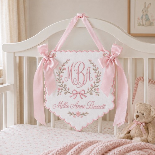 Embroidered Custom Name Monogram Baby Banner, Personalized Baby Banner, Embroidered Baby Name Banner for Baby Shower Gift